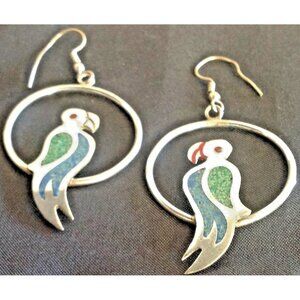 Alpaca Silver  Parrot  Earrings Mexico Enamel Crushed Turquoise Inlaid